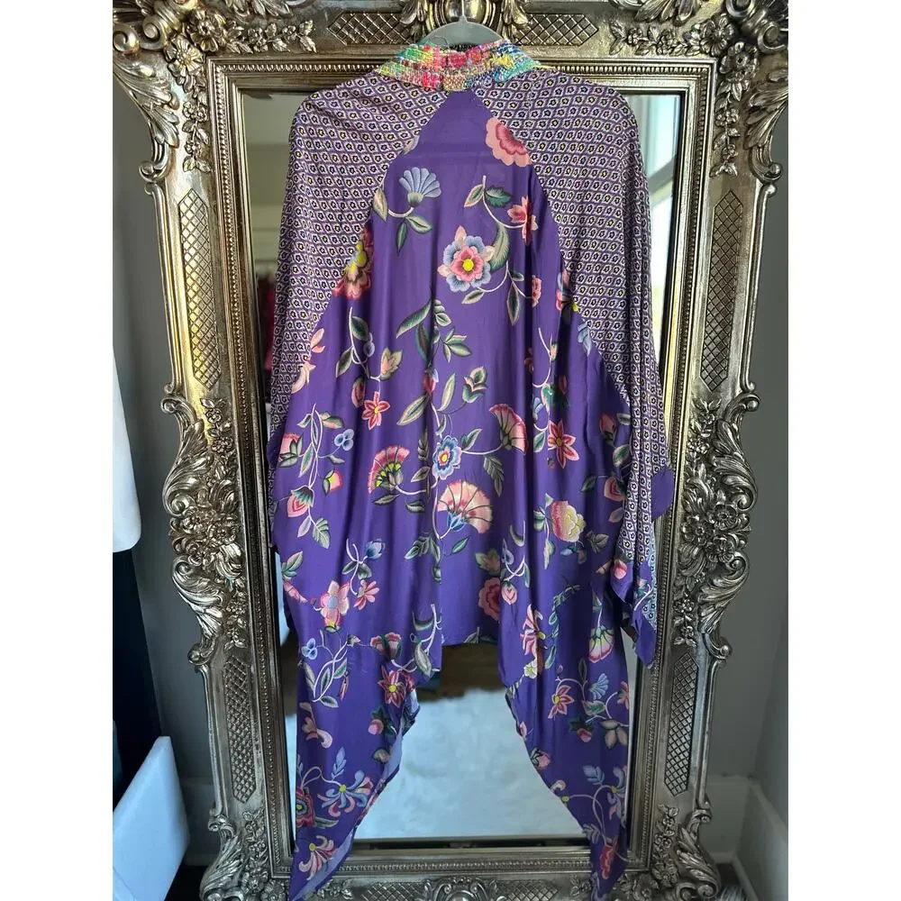 Anjuna Silk Purple Floral Print Multicolor Trim Robe Small - Picture 2 of 7